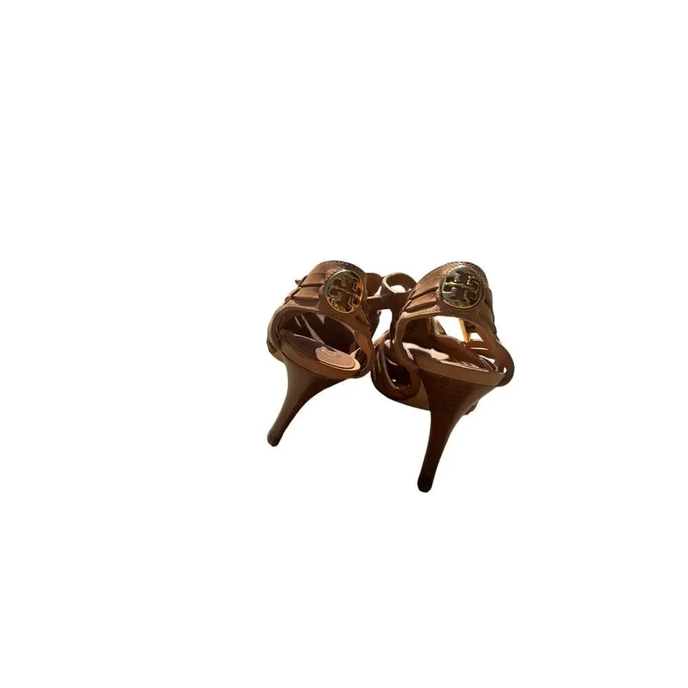 Tory Burch Nadia Huarache Woven Tan Leather Sandals heels size 5.5 M
